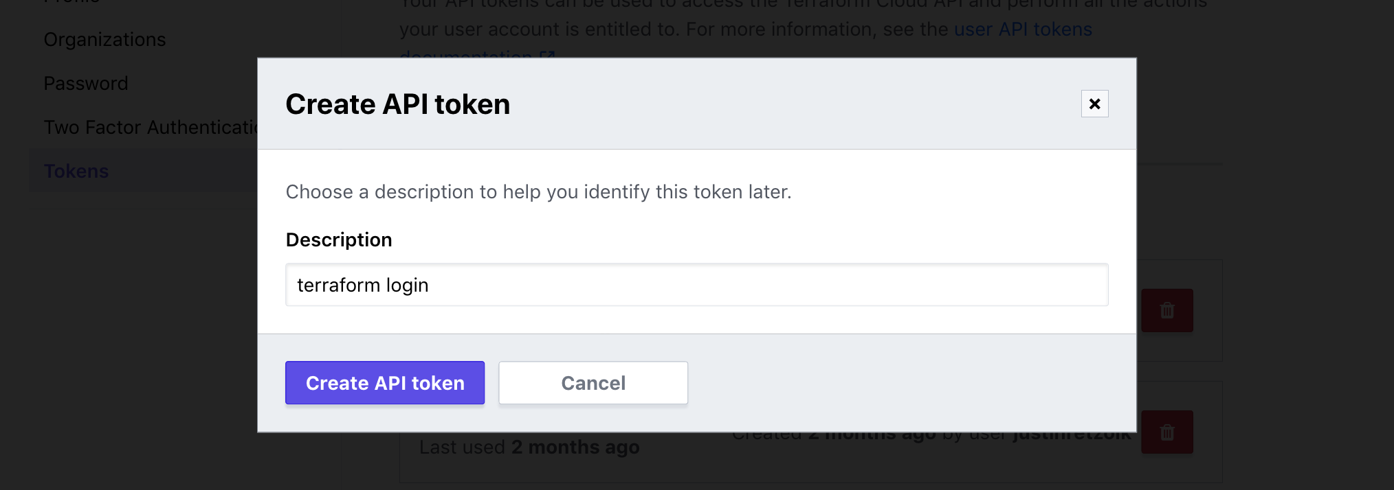 Modal window in HCP Terraform titled "Create API token". There is a text box to set a name for the token.
