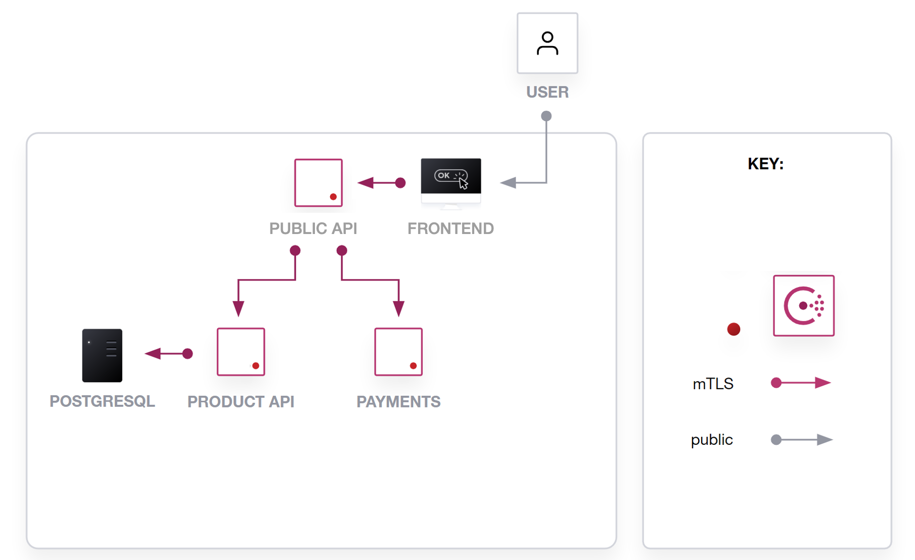 Picture of the HashiCups architecture, as described in the previous paragraph. A picture of a user with flowchart arrows indicating communication: A User connects from the Public. The Frontend communicates over mTLS with the Public API. The Public API communicates over mTLS with the Payments service and the Product API. The Product API communicates over mTLS with the postgres database.