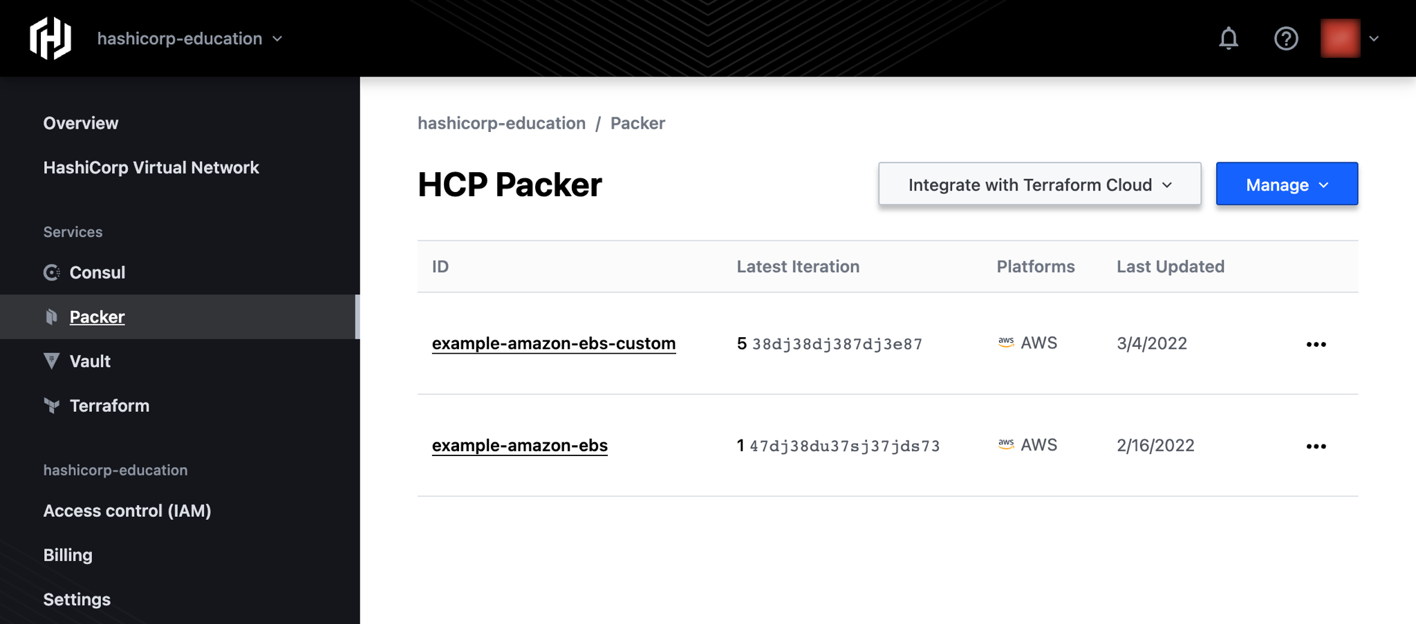 A list of available image buckets on the HCP Packer registry