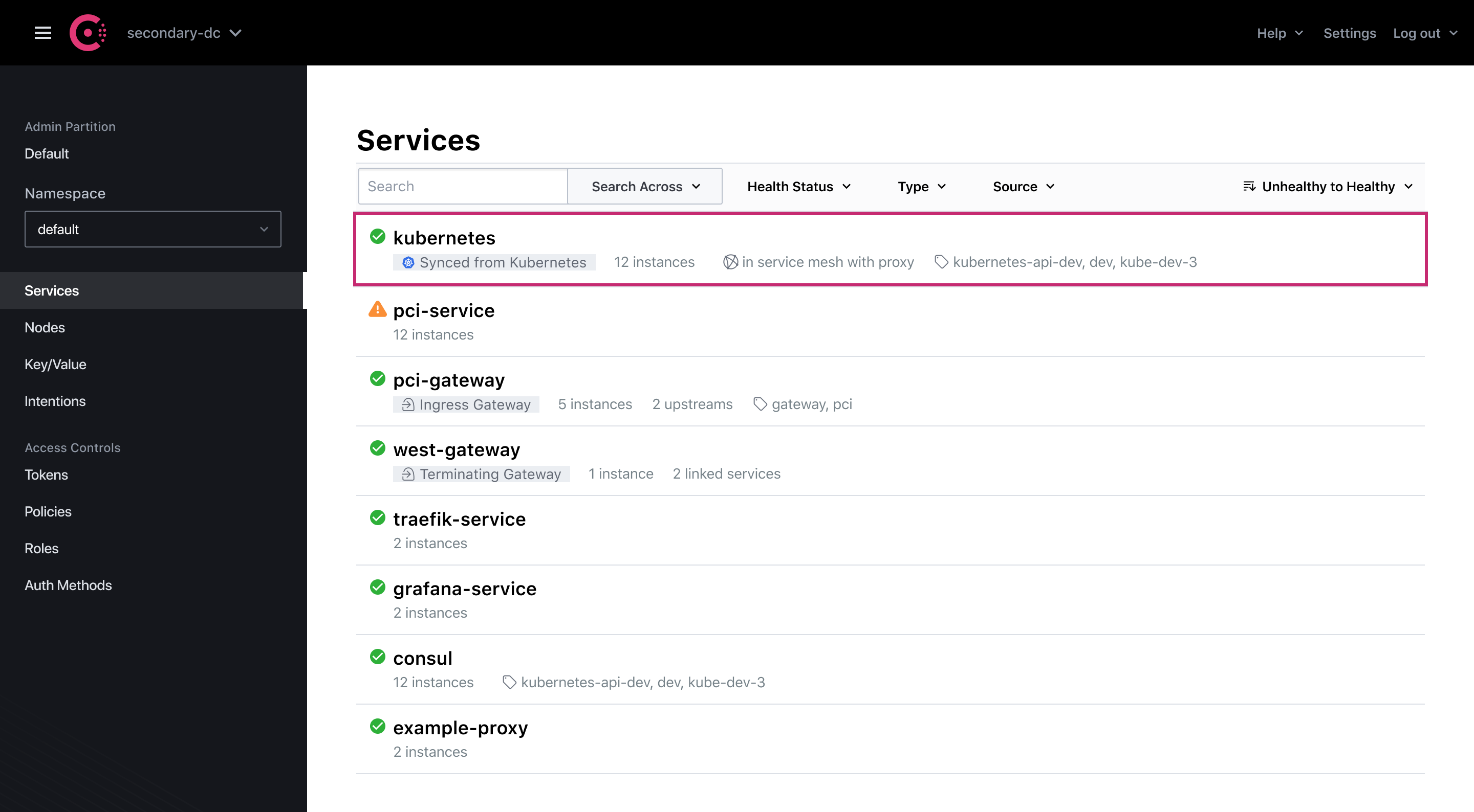 screenshot of a Kubernetes service in the UI