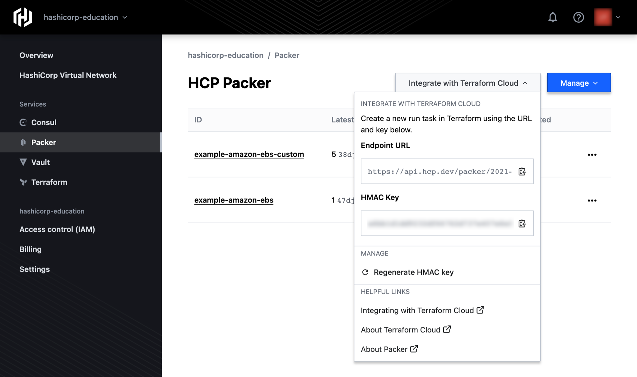 Screenshot: Run task information box in HCP Packer UI
