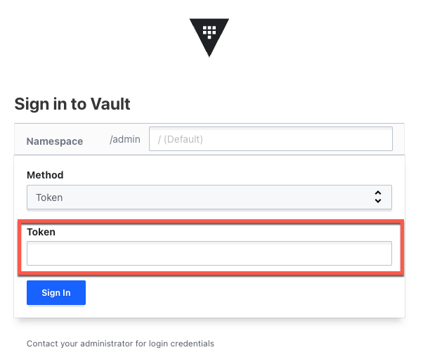 Vault token auth method login form from the Vault user interface showing the
token textbox highlighted