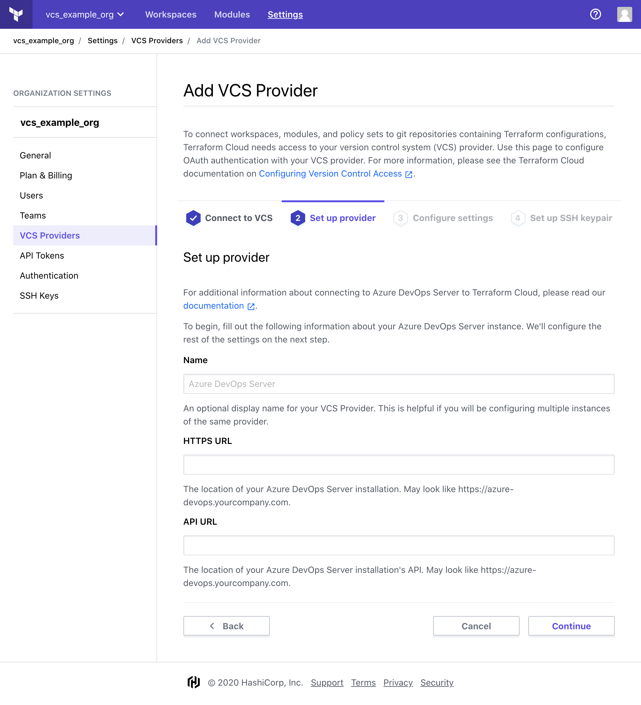 Azure DevOps Server Screenshot: Adding a new VCS Provider in Terraform Cloud