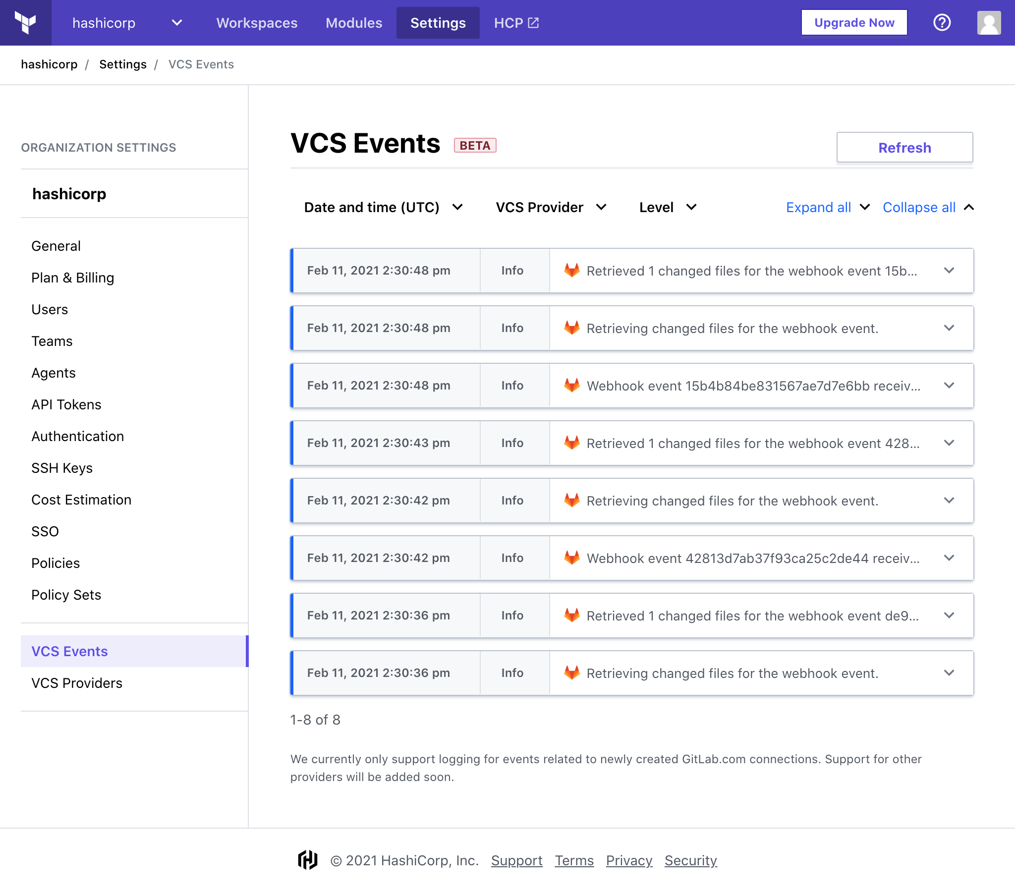 Screenshot: the VCS Event Viewer UI, showing sample events and filtering capability