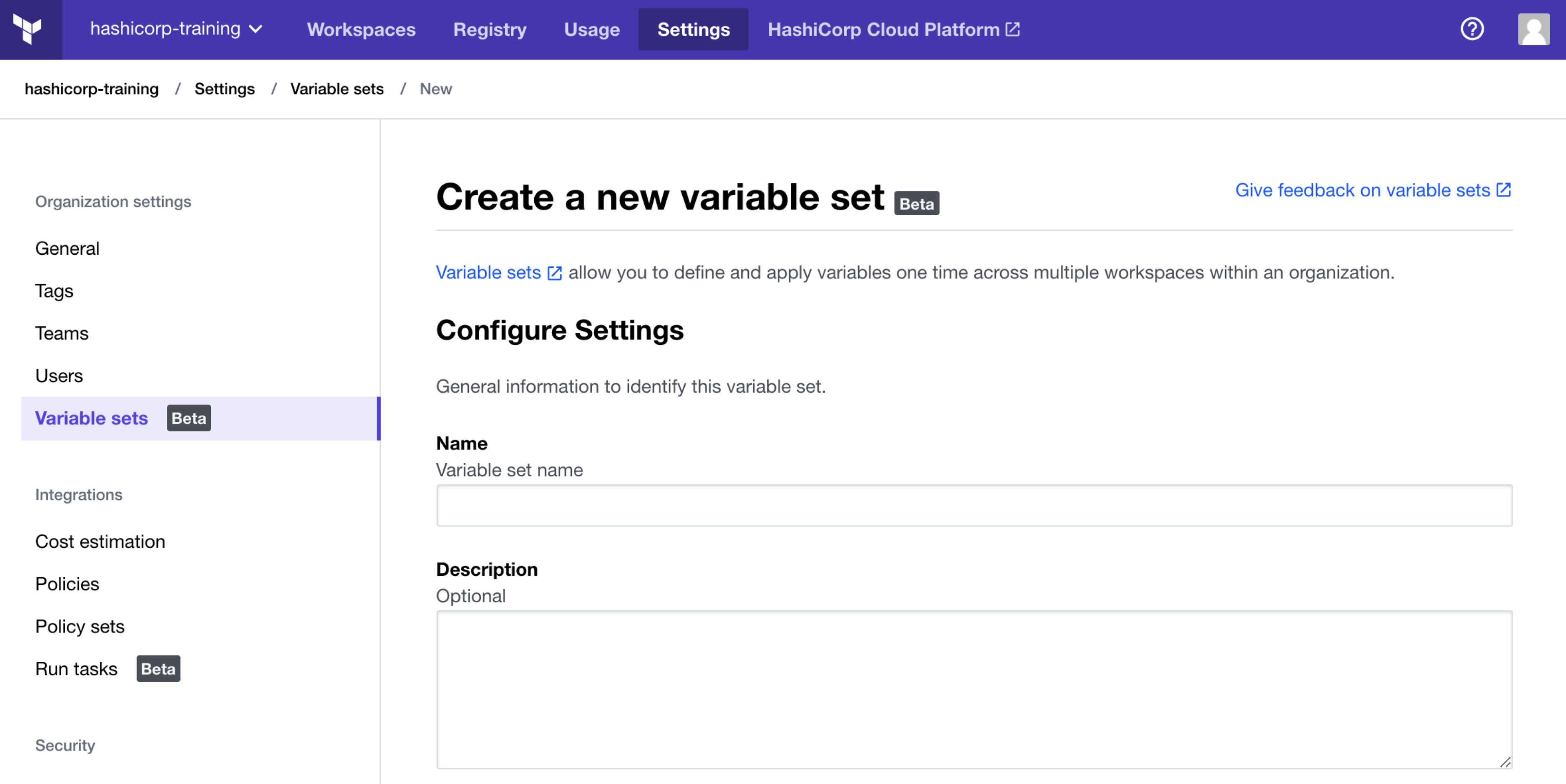 The create a new Variable set page in the Terraform Cloud UI