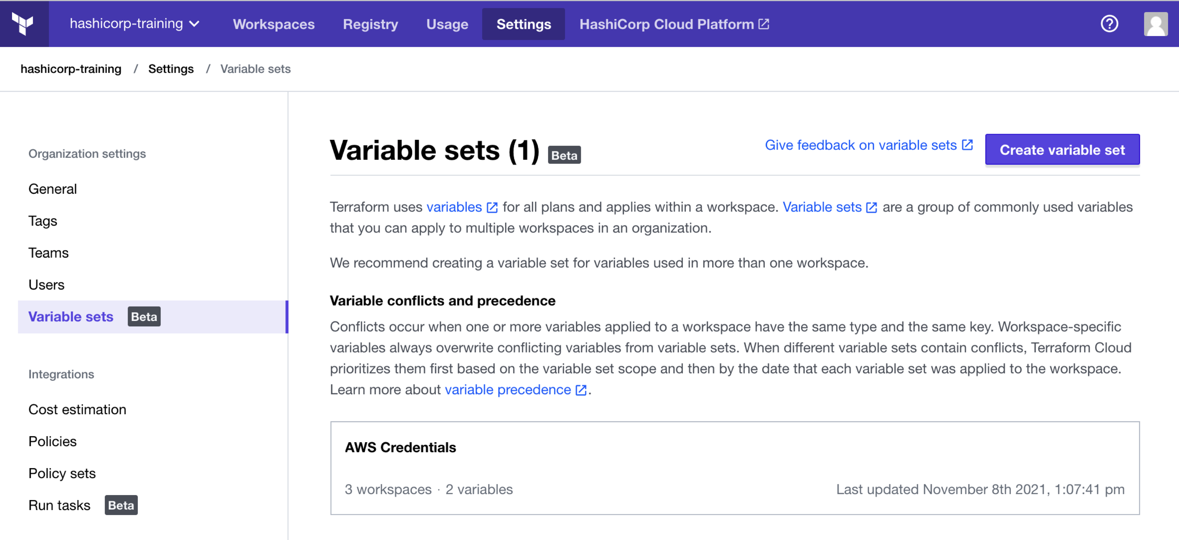 Screenshot: The variable sets page in the Terraform Cloud UI