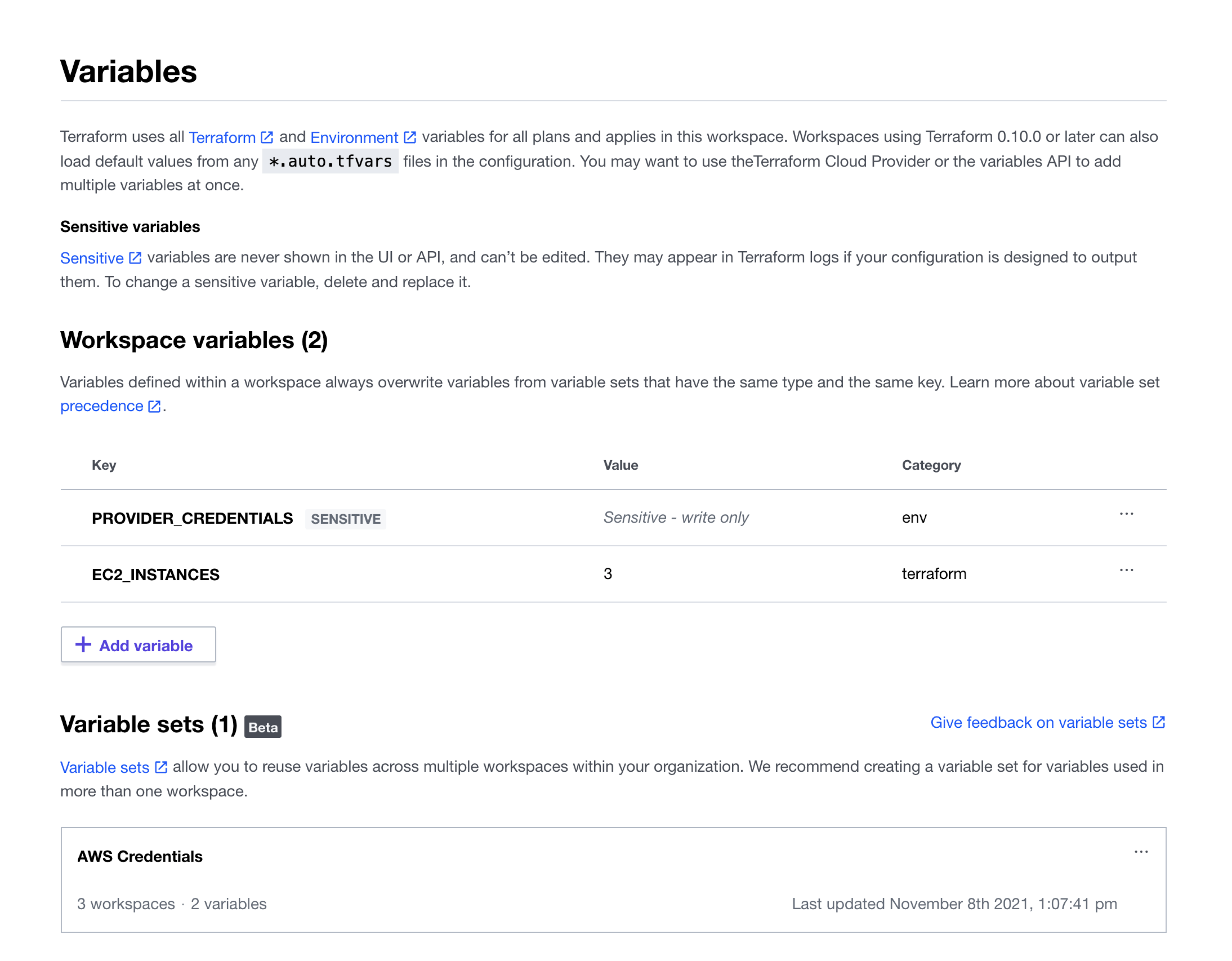 Screenshot: The variables page for a workspace
