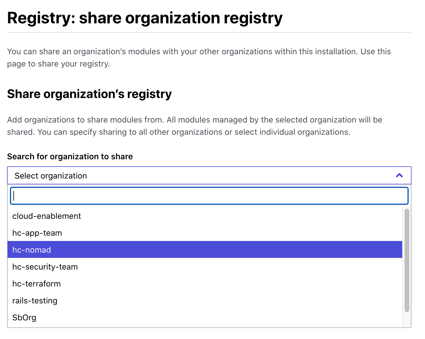 screenshot: selecting an organization to share