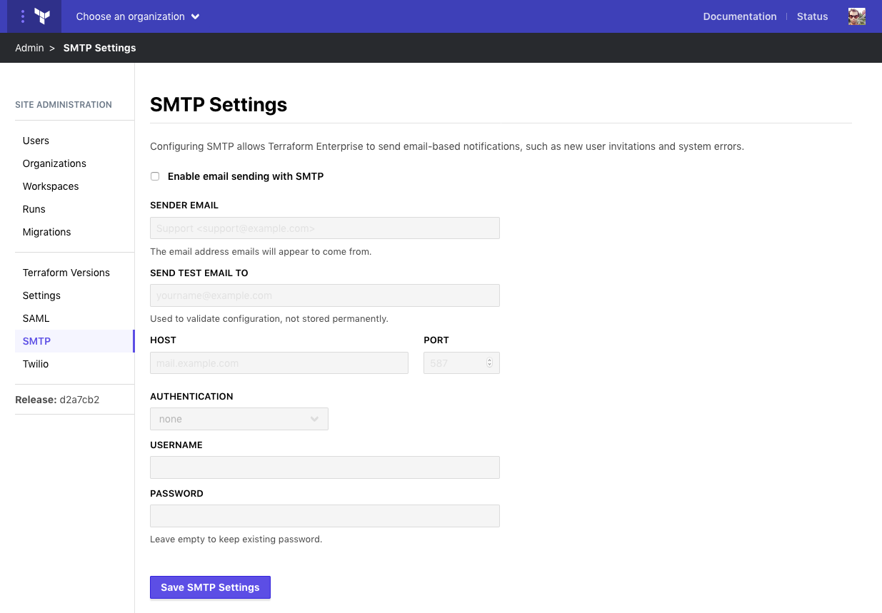 screenshot: the SMTP admin page