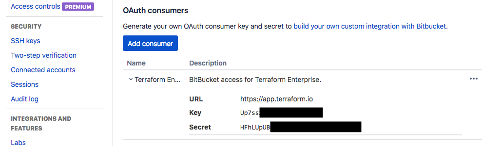 Bitbucket Cloud screenshot: OAuth consumer with key and secret revealed