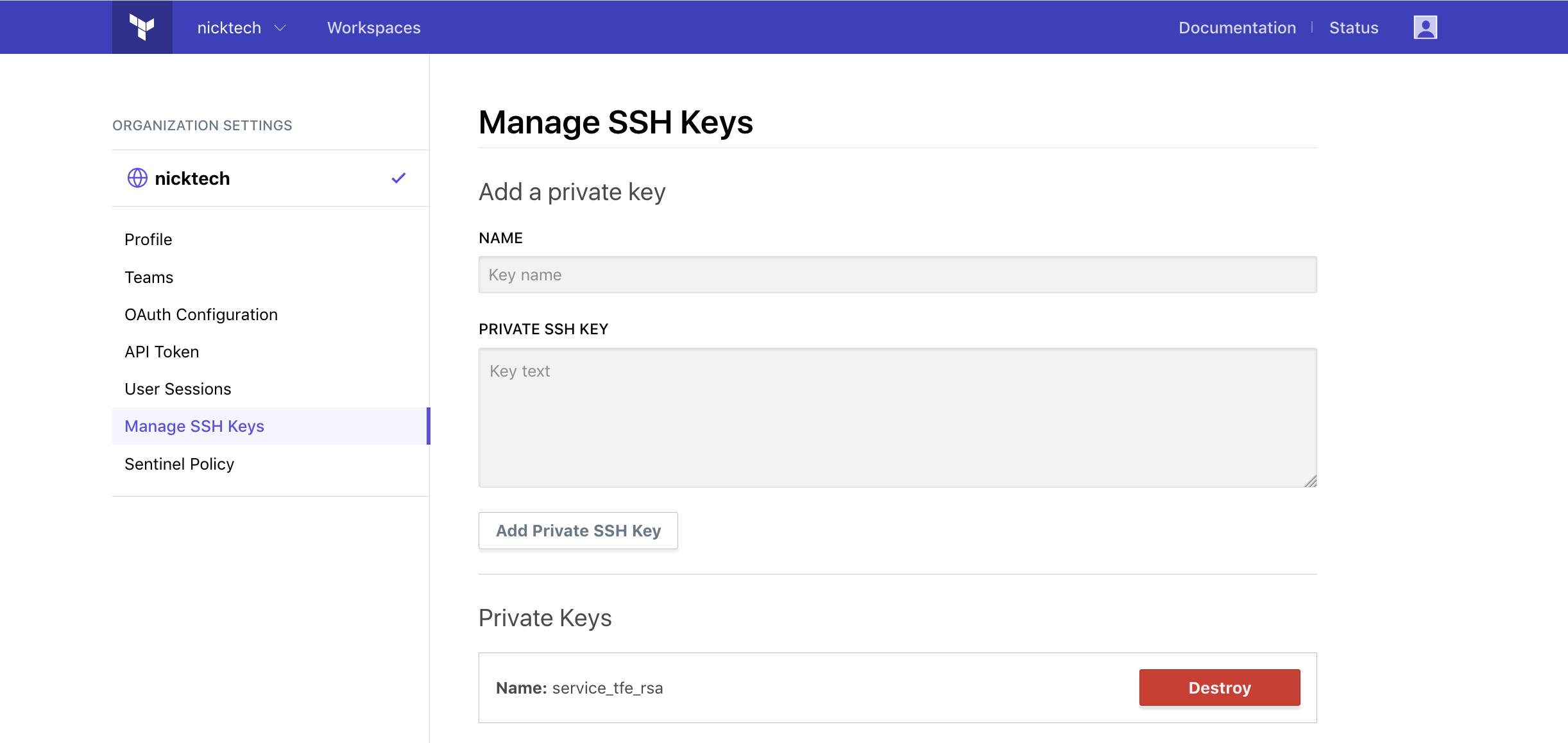 Terraform Cloud screenshot: the manage SSH keys page