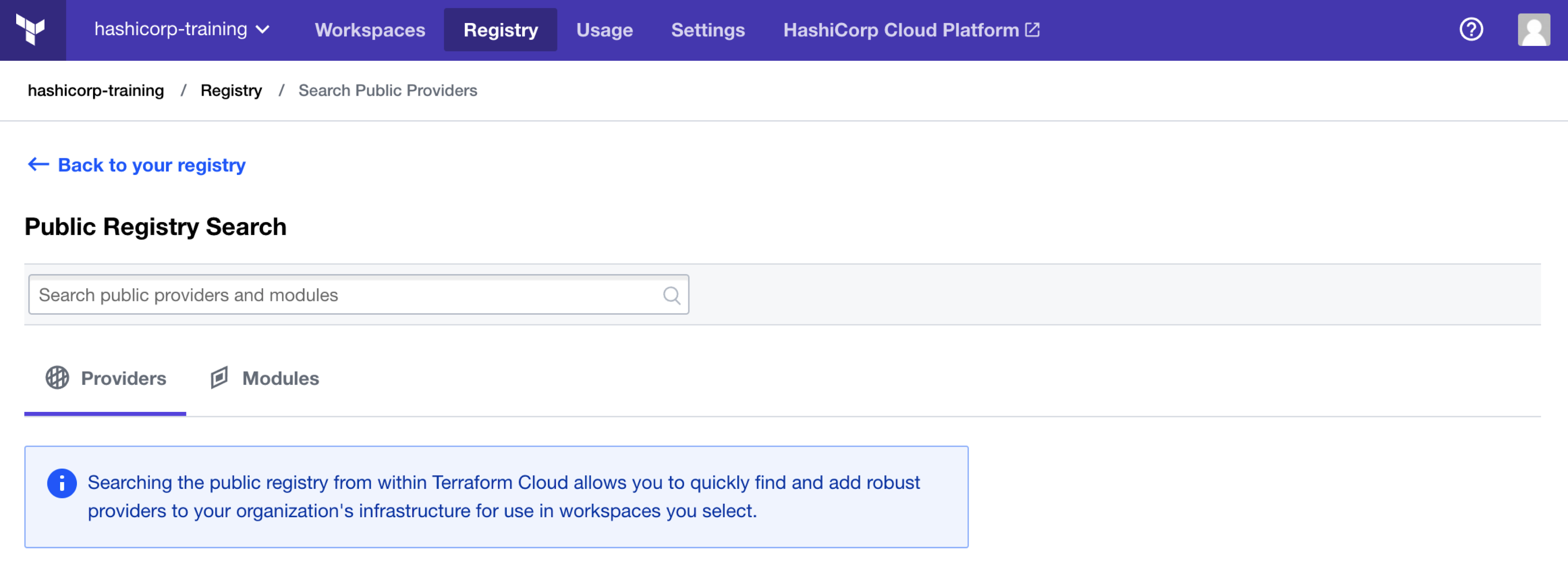 Terraform Cloud screenshot: the Search Public Modules page