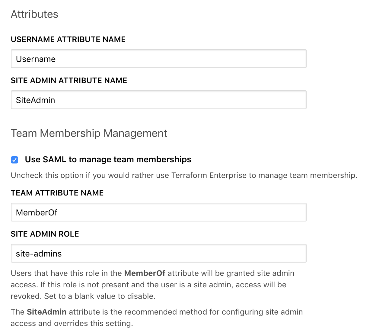Screenshot: the Terraform Enterprise SAML team membership checkbox