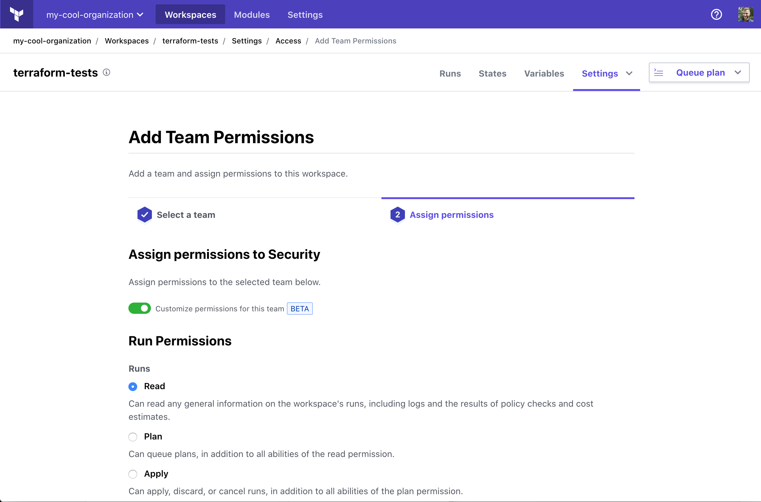 Screenshot: adding customized team permissions