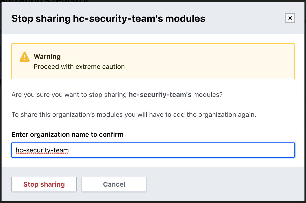 screenshot: confirmation dialogue to stop sharing modules