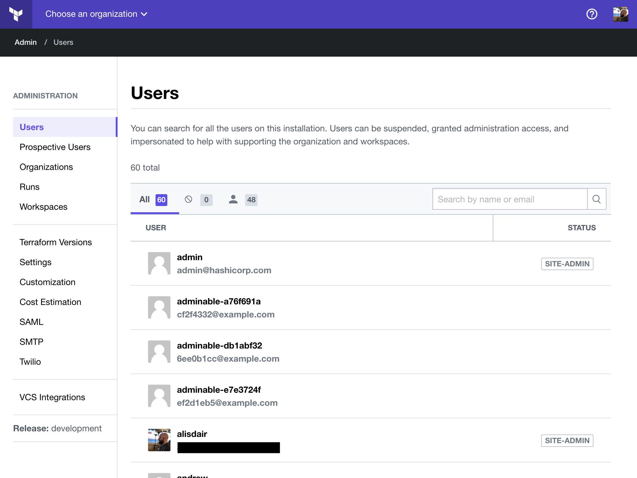 screenshot: the user management page, with the site administration navigation list