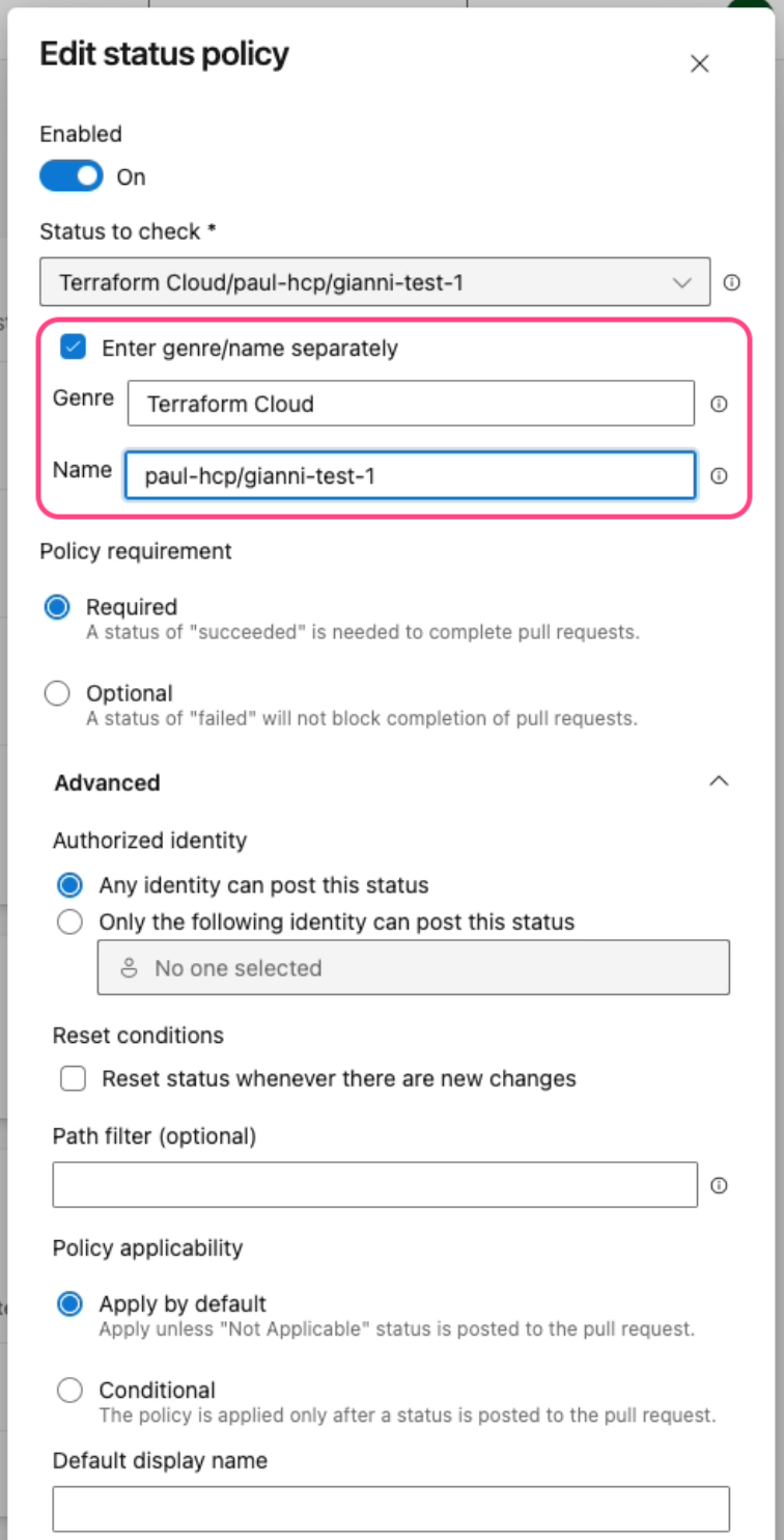 Azure DevOps screenshot: configuring required status checks correctly