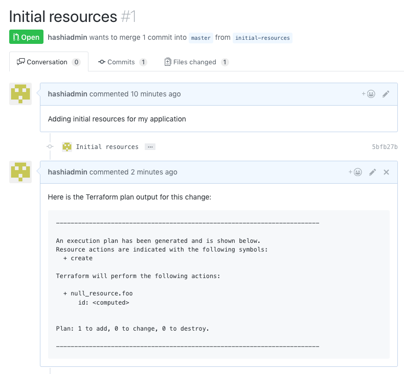 Screenshot of Pull Request with manually posted Terraform plan output