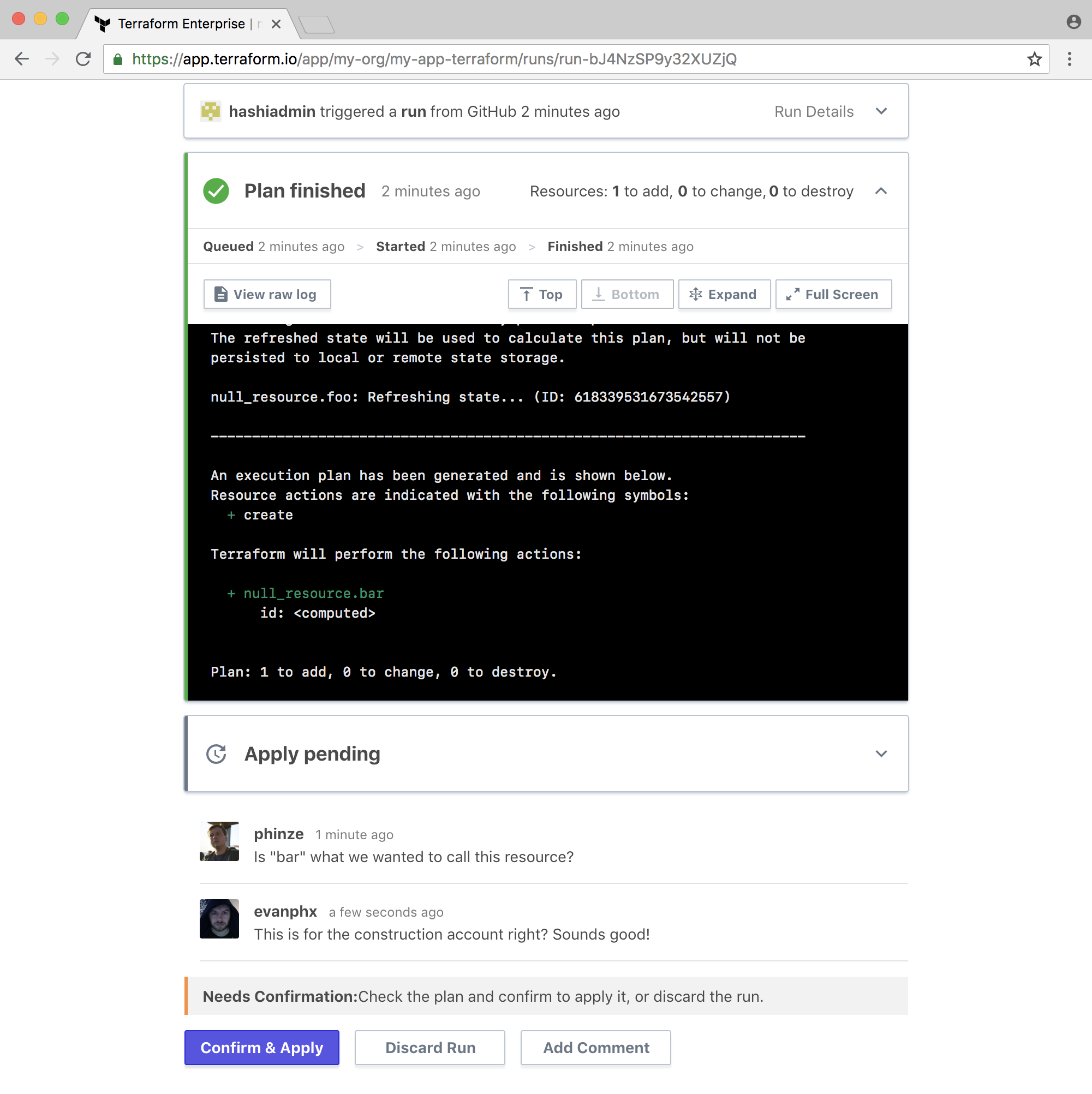 Screenshot of back-and-forth in Terraform Cloud comments