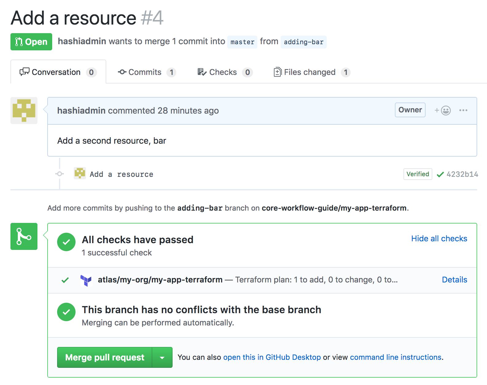 Screenshot of Pull Request with resource changes in the status update