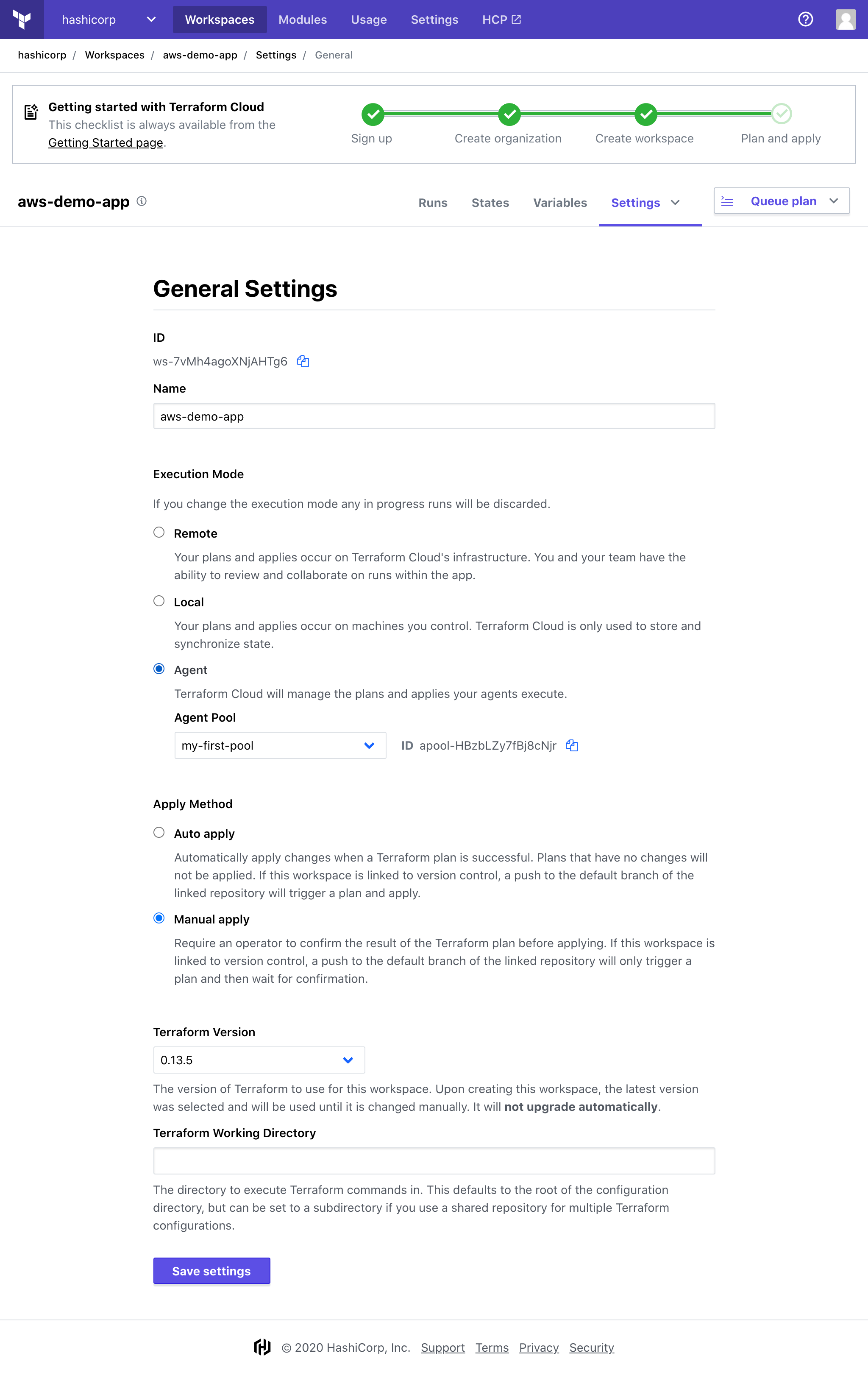 Screenshot: The Workspace General settings page, with agent selected for execution mode