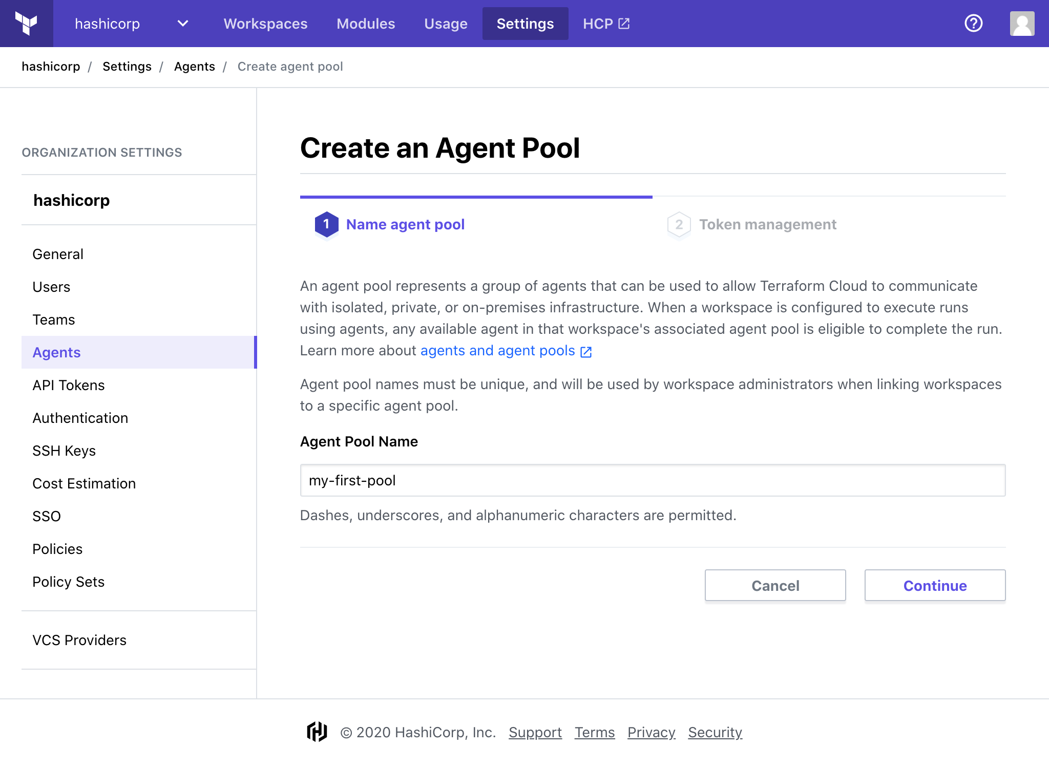 Screenshot: Step 1 of pool creation, naming the agent pool