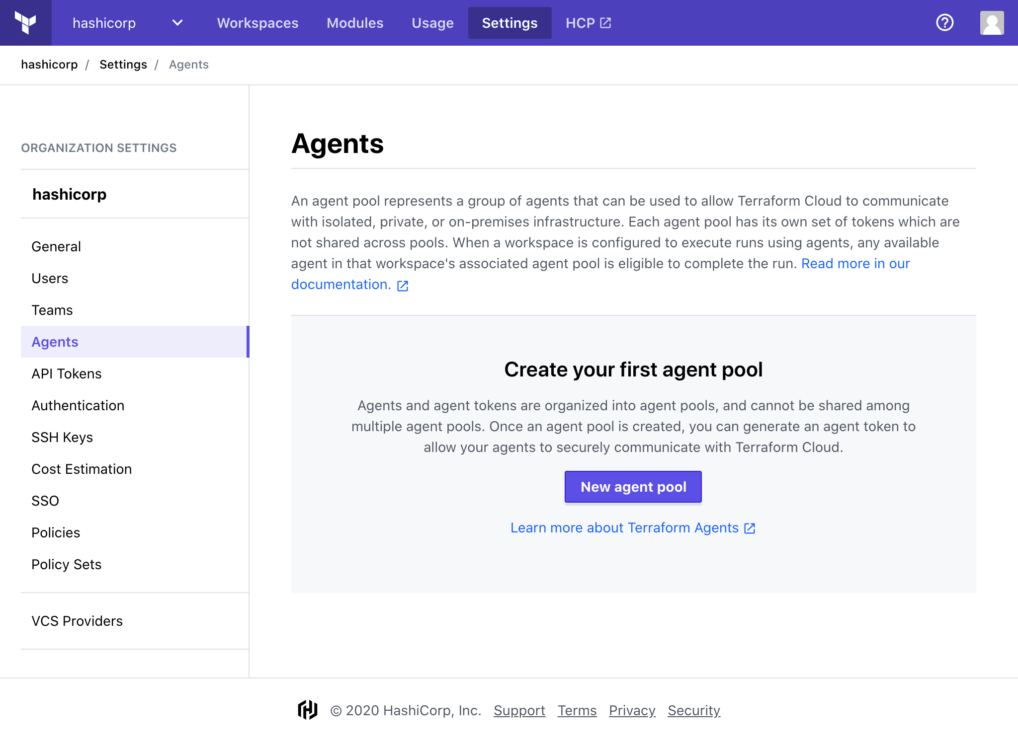 Screenshot: The Agents page with no pools