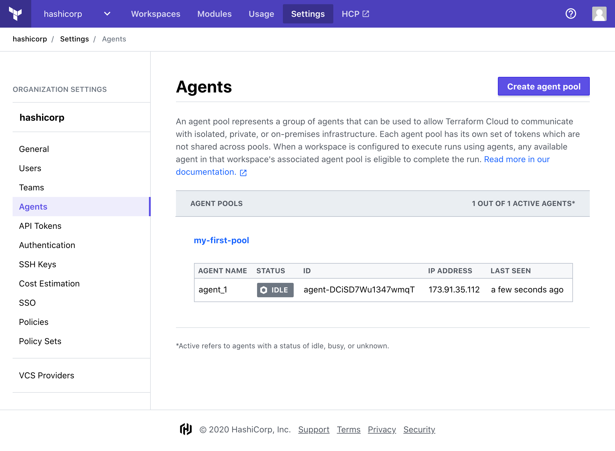Screenshot: The Agents page with one connected agent in the idle state