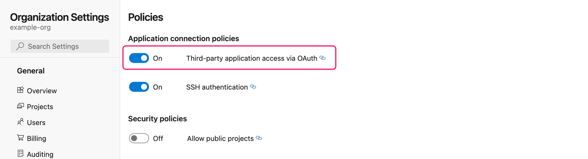 Azure DevOps Services Screenshot: Polcies Third-party application access via Oauth