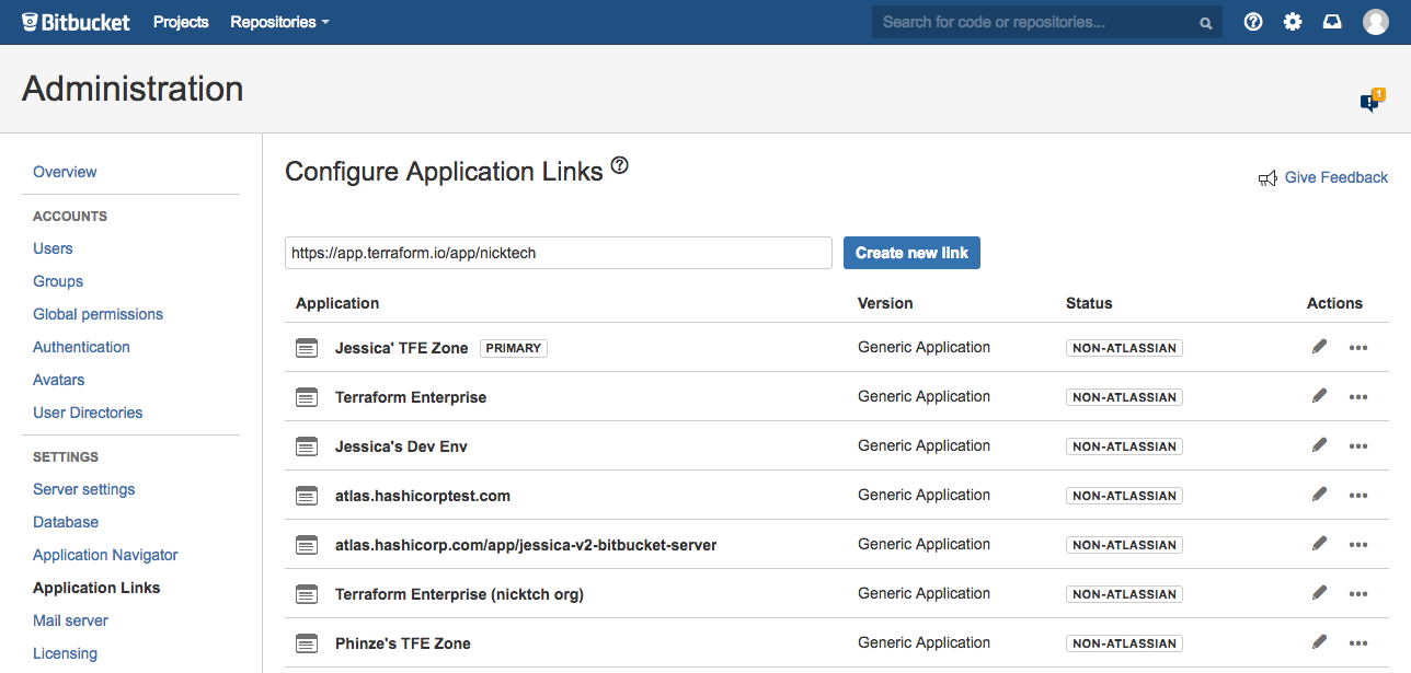 Bitbucket Server screenshot: The application links page