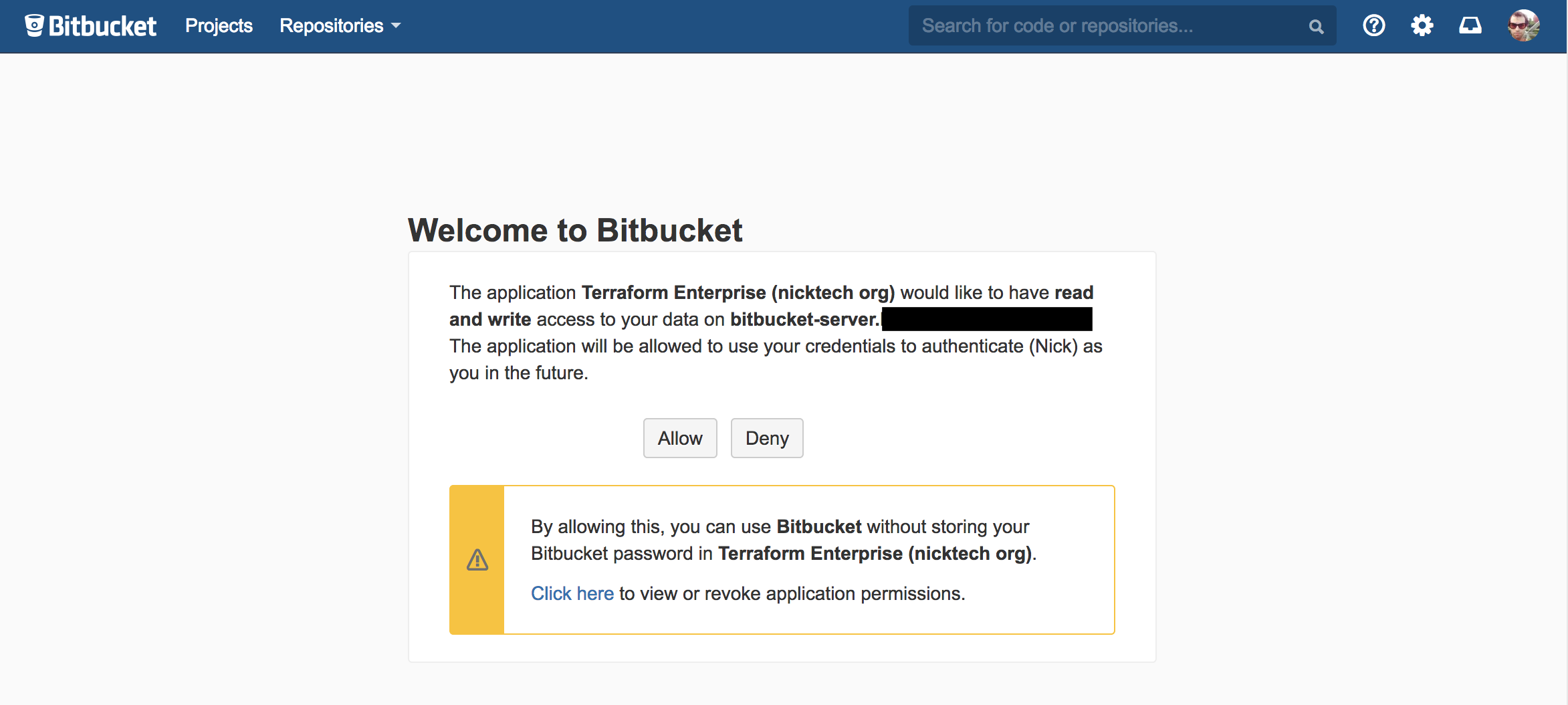 Bitbucket Server screenshot: the authorization page