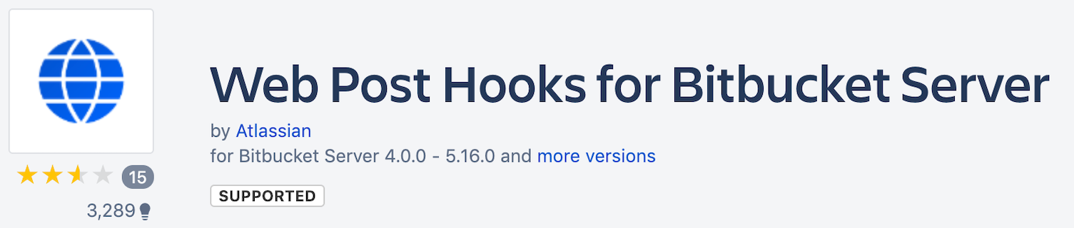 Atlassian Marketplace screenshot: the Web Post Hooks for Bitbucket Server plugin, published by Atlassian