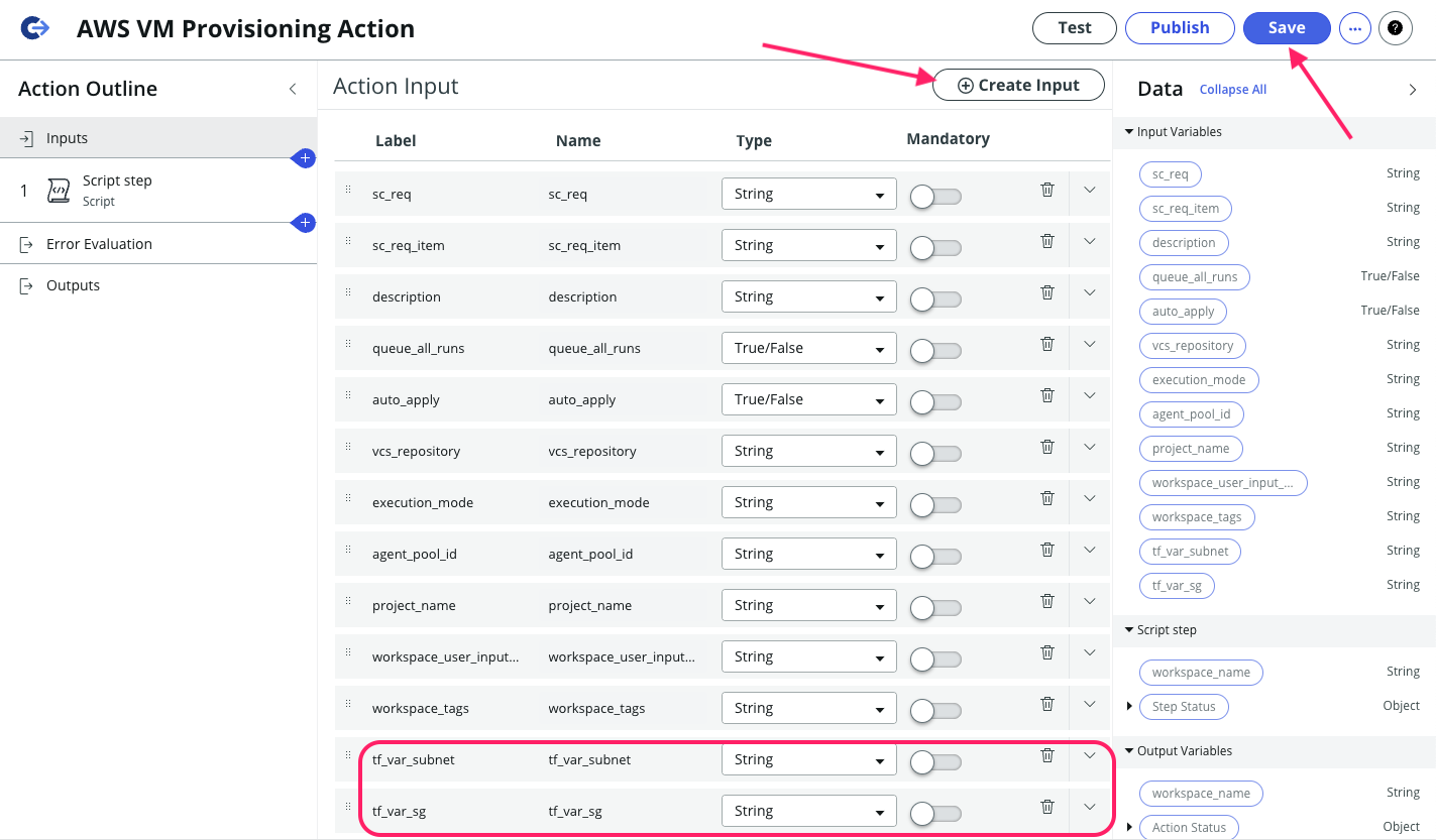 Screenshot: ServiceNow Add Variables To Action