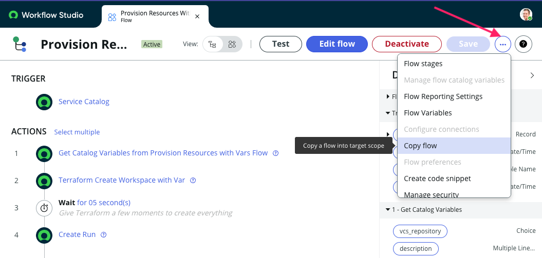 Screenshot: ServiceNow Copy Flow Interface