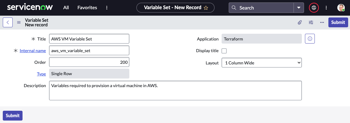 Screenshot: ServiceNow New Variable Set Form