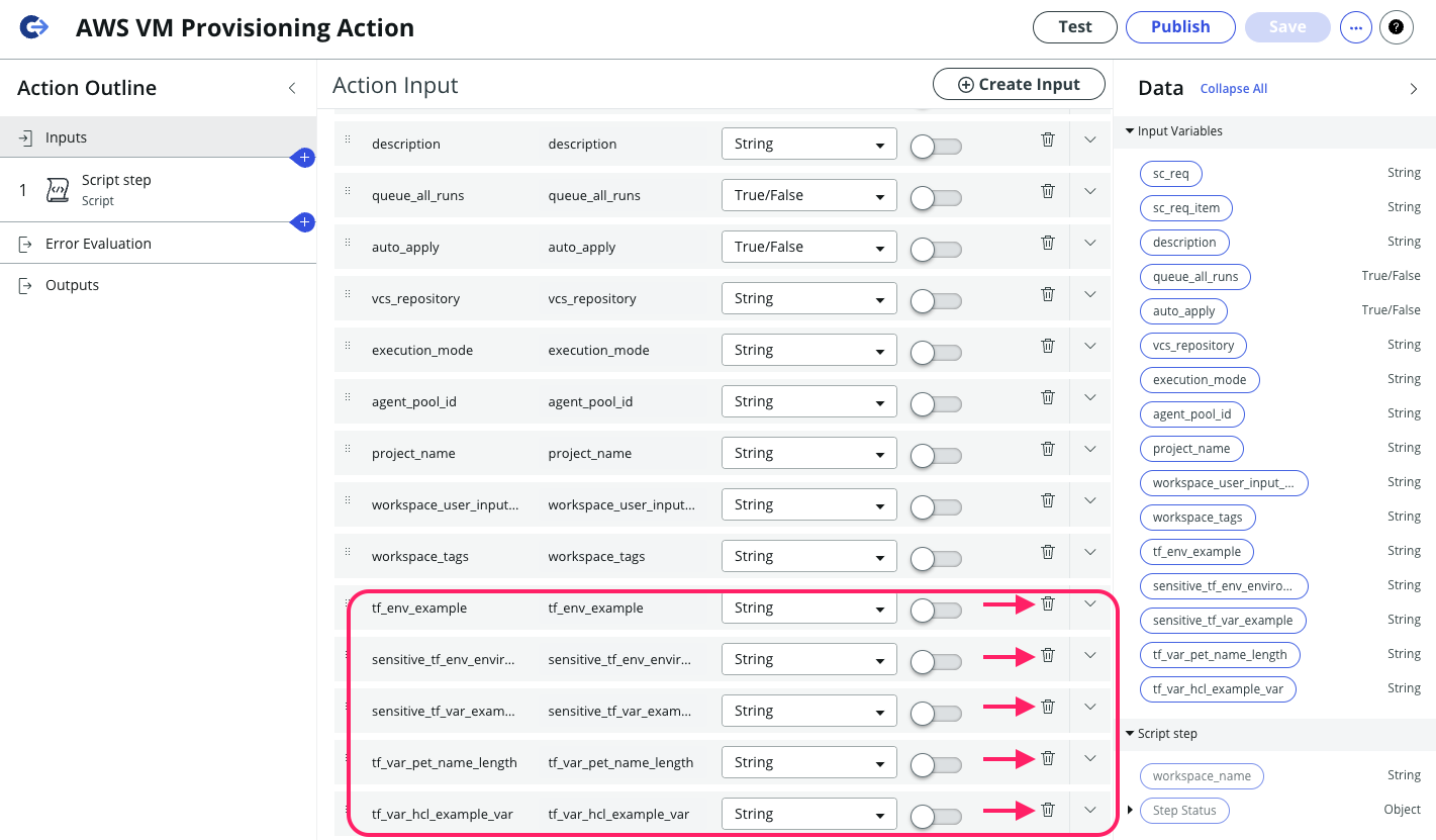 Screenshot: ServiceNow Remove Variables From Action