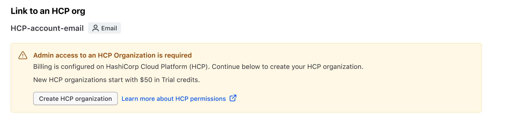 Screenshot: Create and link to HCP organization interface