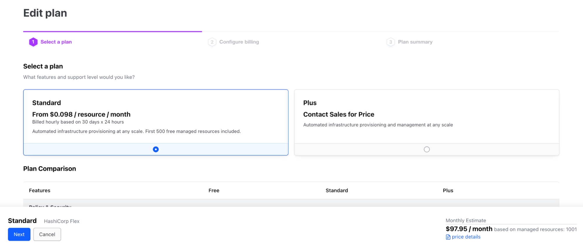 Screenshot: The screen for a Terraform Cloud user to choose to upgrade their plan. Two plans are shown. The first is the Standard Edition, listed with the cost per resource per month. The second option is the Plus Edition, instructing the user to contact sales for a price.
