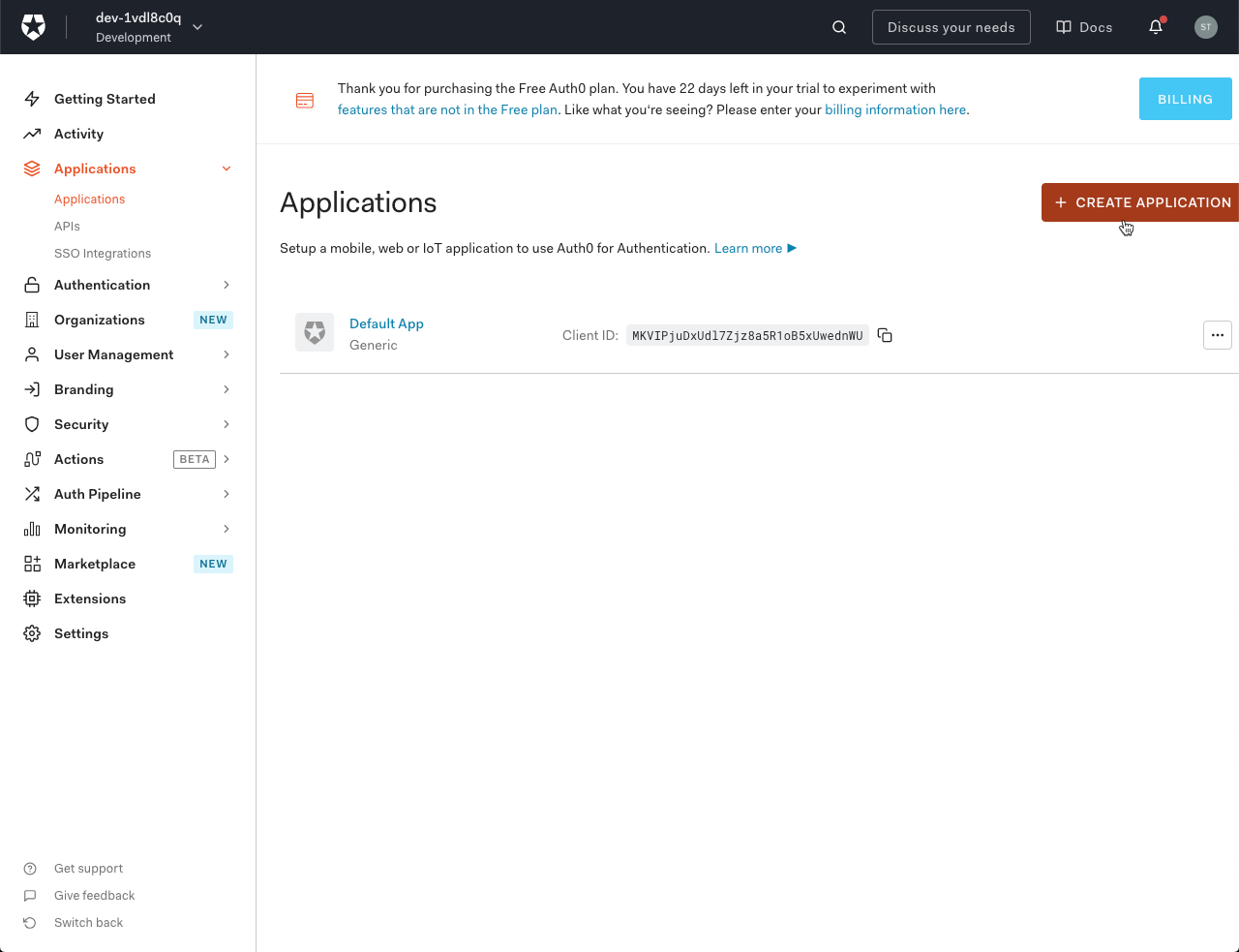 Auth0 Create Application