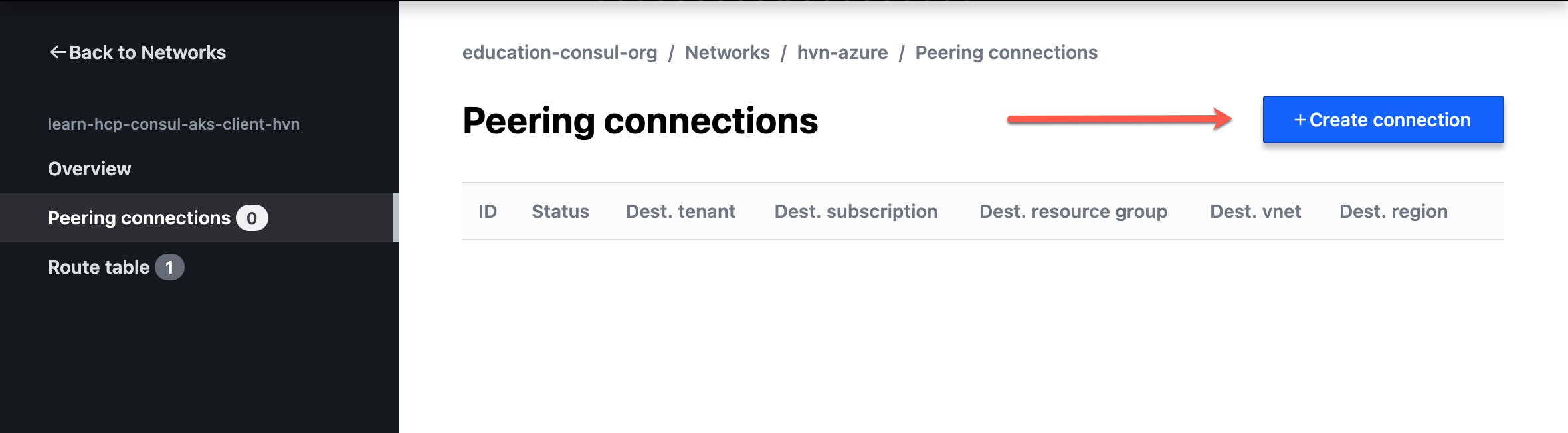 HVN Peering connections overview list with an arrow pointing to the "Create Connection" button
