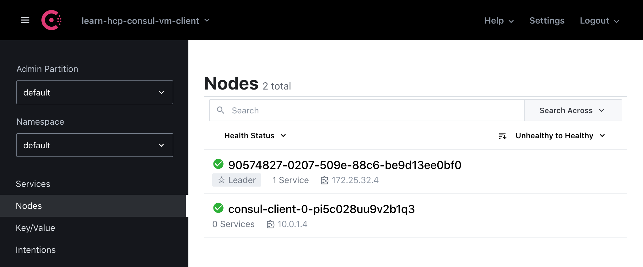Consul nodes page in the Consul dashboard with two running Consul clients represented as nodes.