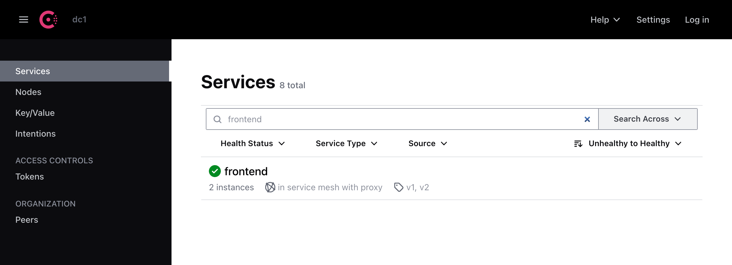 Consul dashboard shows the `frontend` service with two tags.