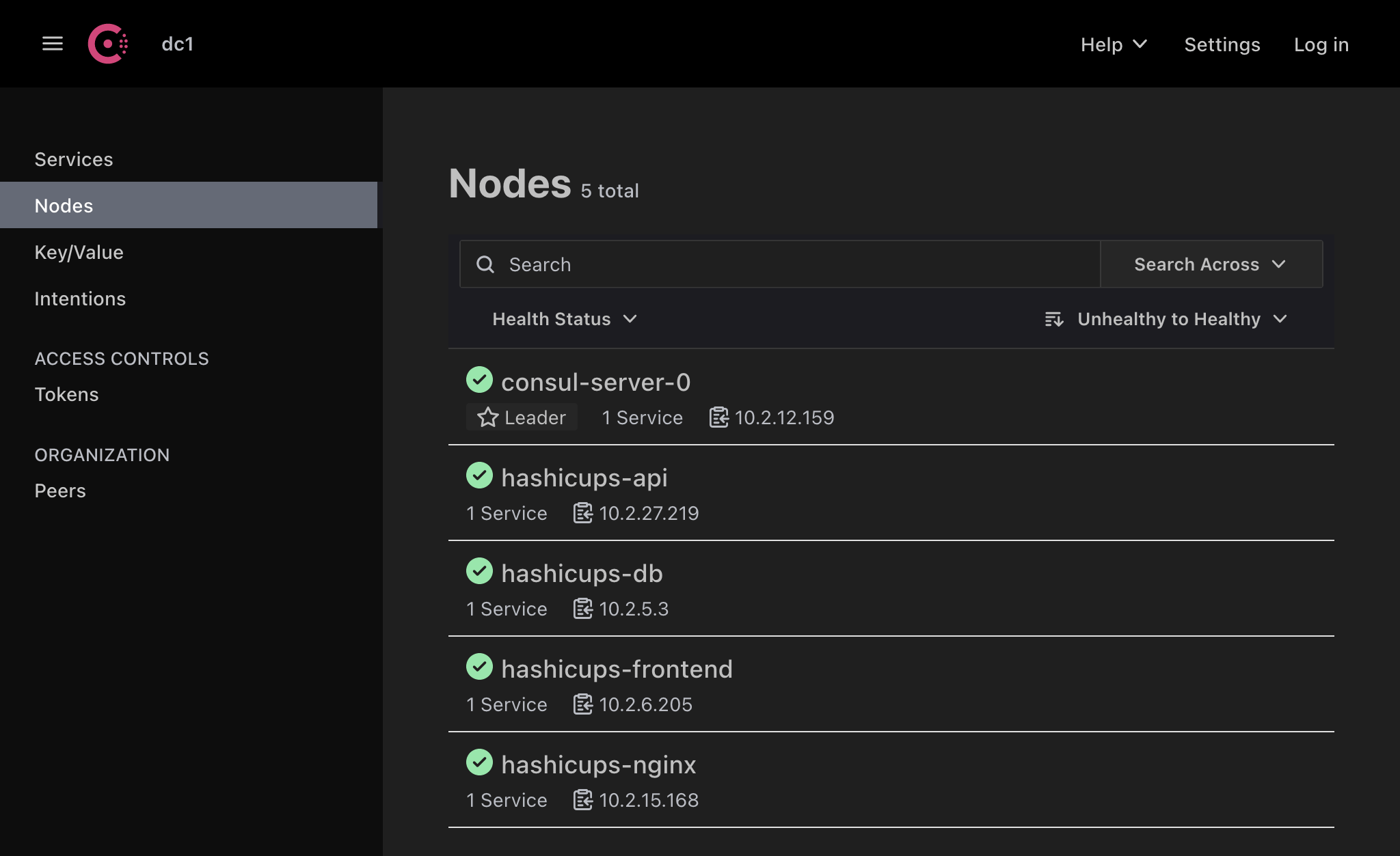 Nodes page with HashiCups