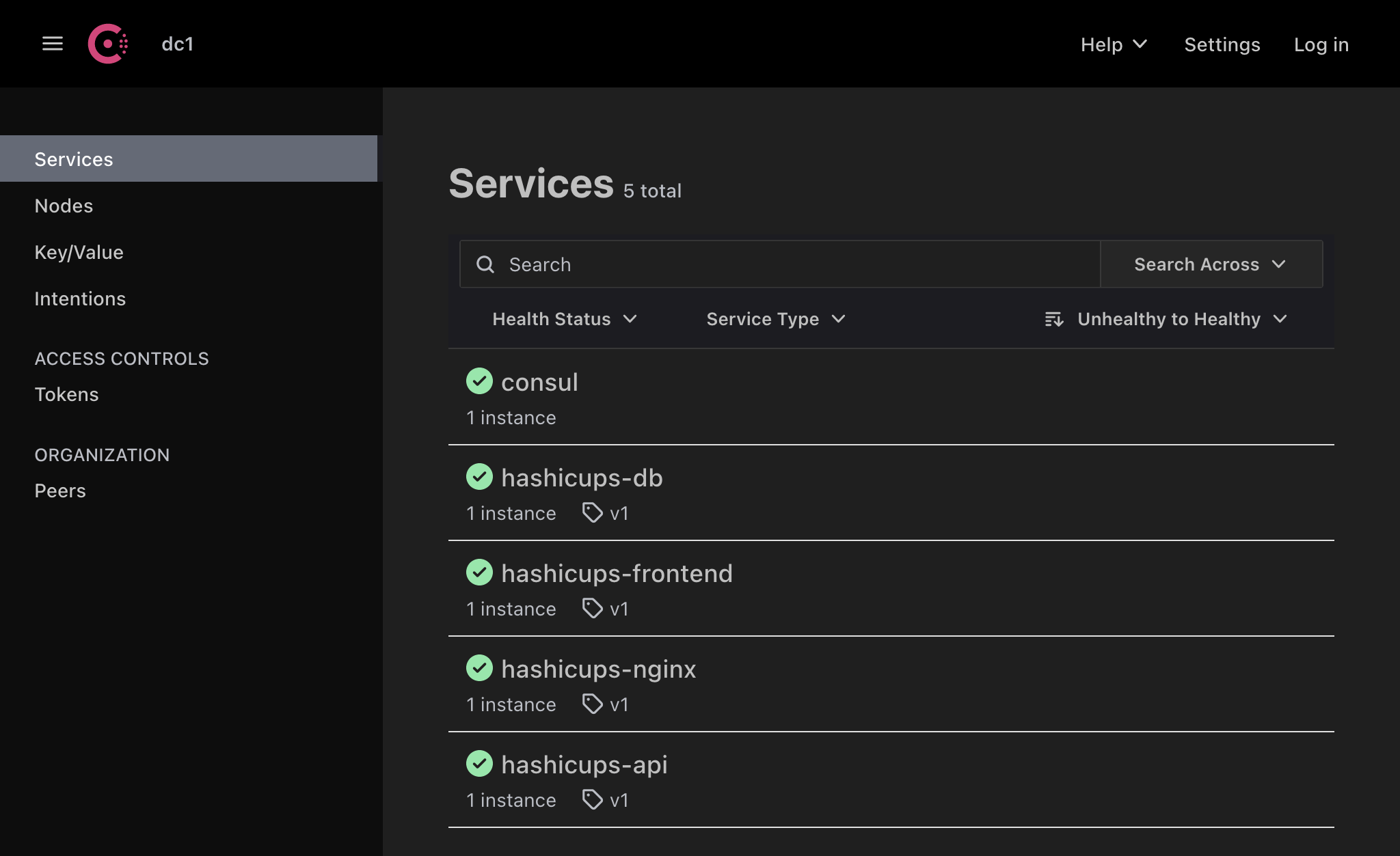 Services page with HashiCups