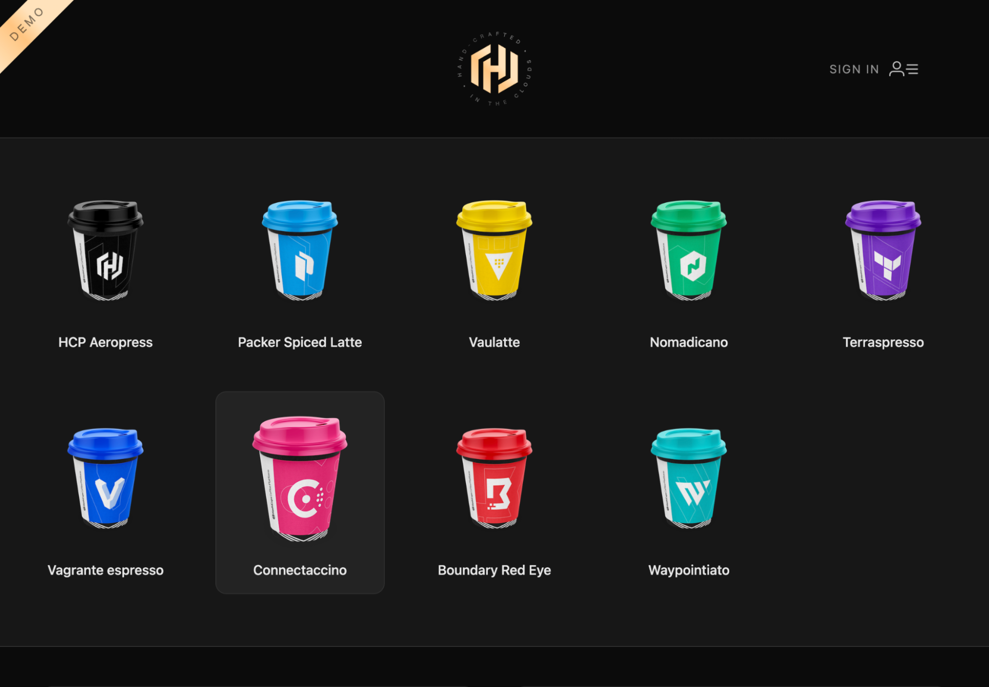 HashiCups in a state where all services are functional. Coffees are displayed on the screen and available to order.
