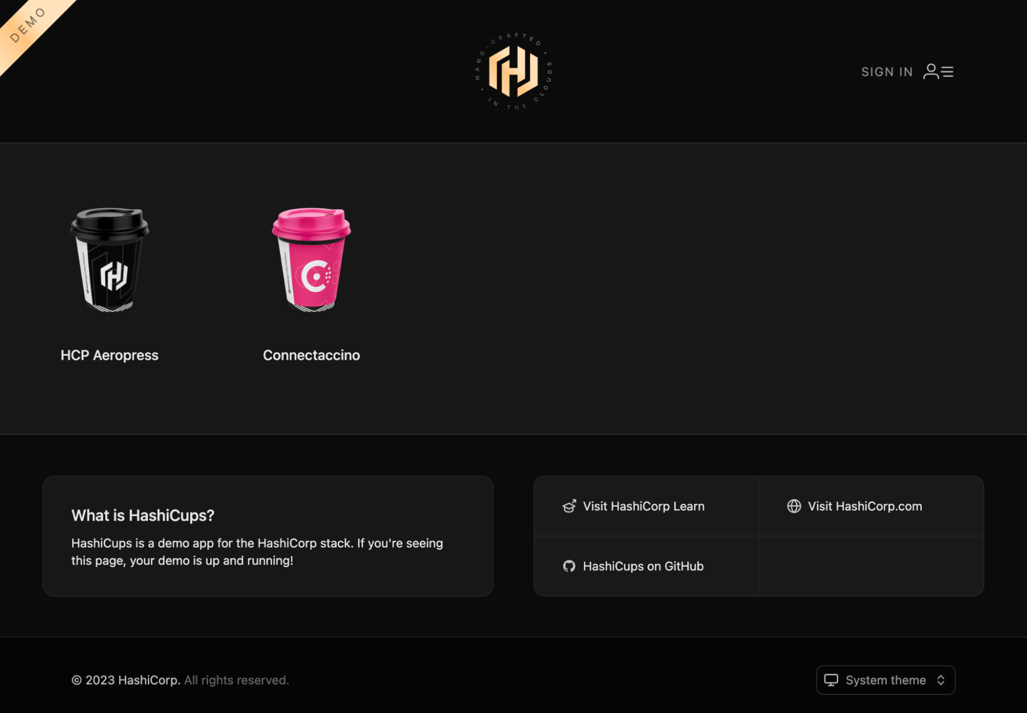 HashiCups demo application displaying coffees because public-api can connect to products-api