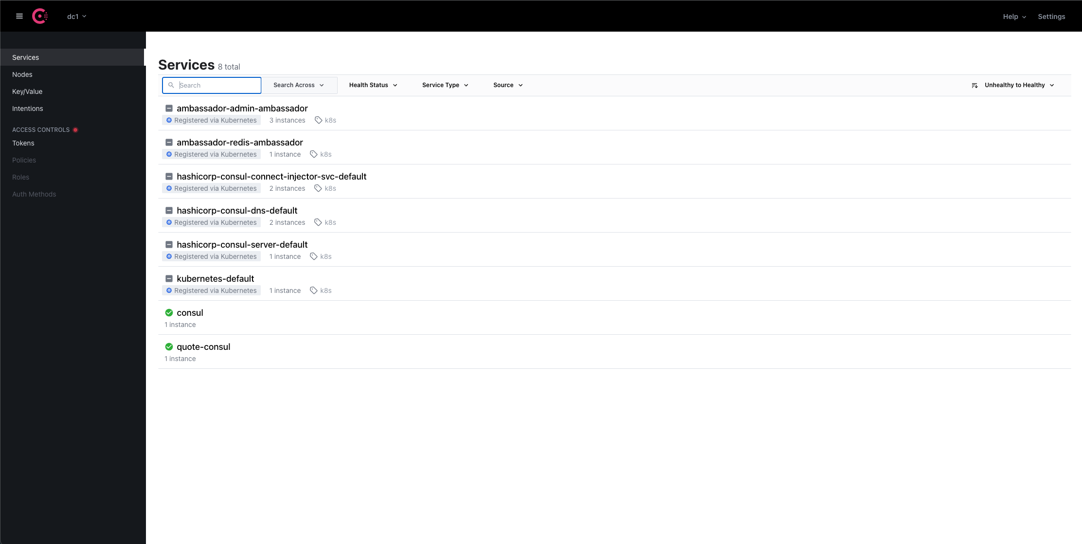 Consul UI service view that displays all services