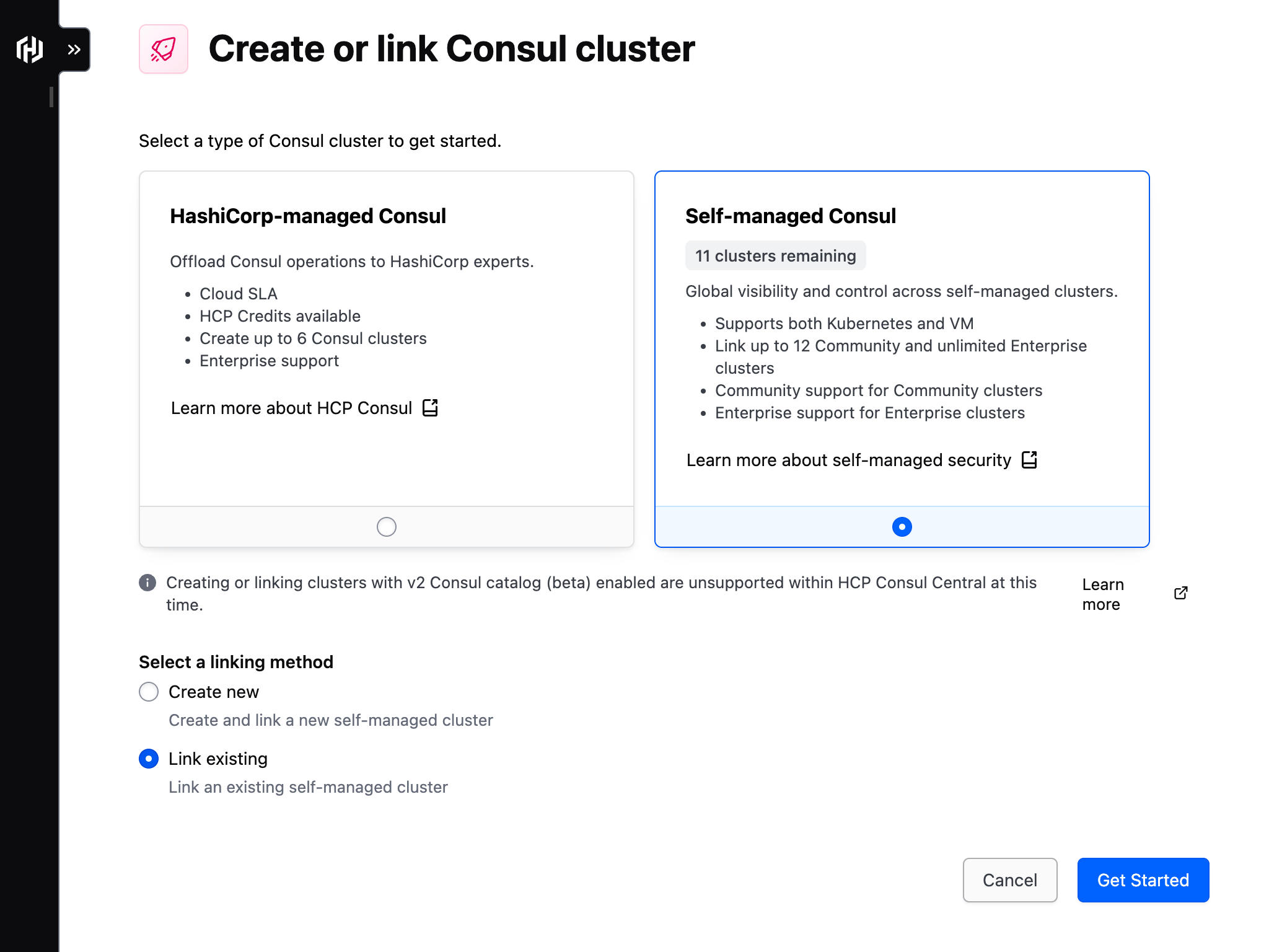 The create or link Consul cluster page. The screen displays various options to link a Consul cluster.