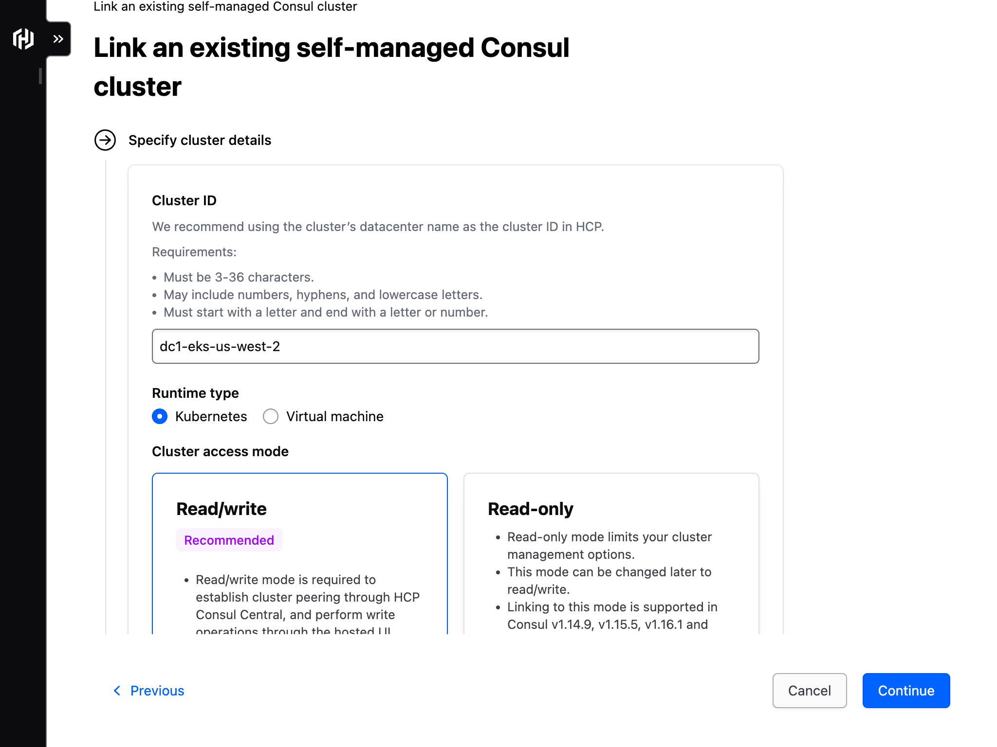 The specify cluster details portion of the link an existing self-managed Consul cluster page.