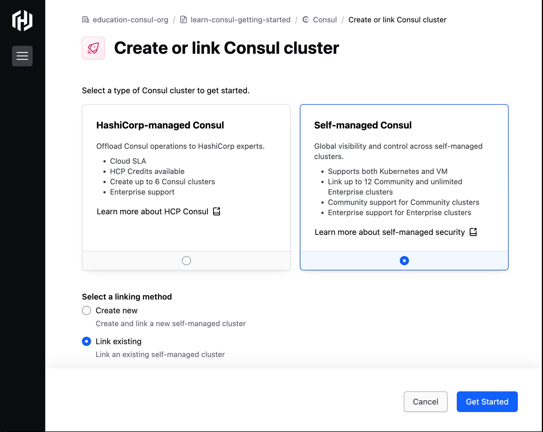 The create or link Consul cluster page. The screen displays various options to link a Consul cluster.